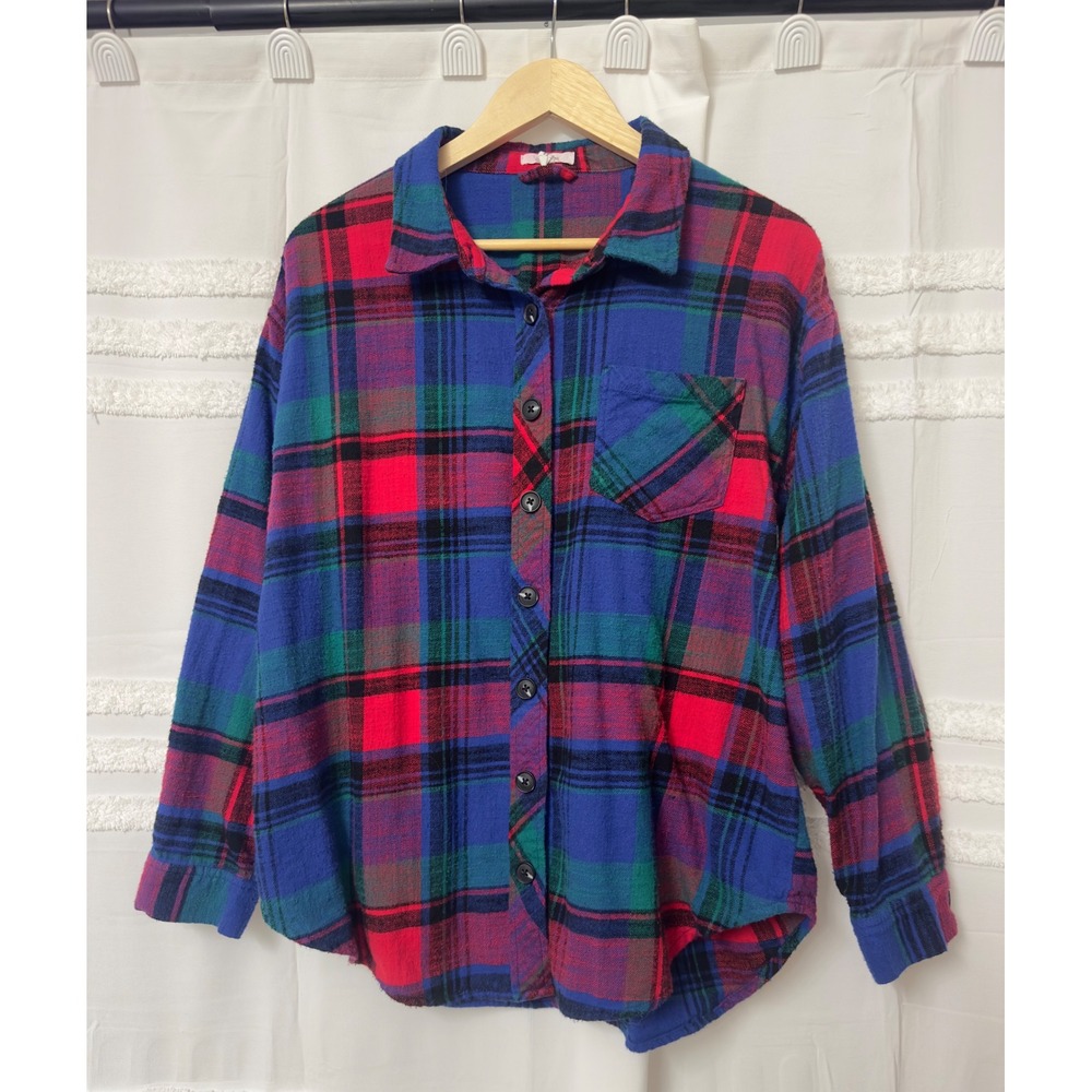 Maurices Womens Blue Red Plaid Cotton Flannel Button Down Shirt Long Sleeve L